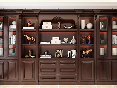 Ornate Dark Brown Wooden Bookcase With Glass Doors Decorative Items Books Vases Sculptures And Drawers 3d model