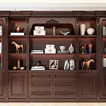 Ornate Dark Brown Wooden Bookcase With Glass Doors Decorative Items Books Vases Sculptures And Drawers