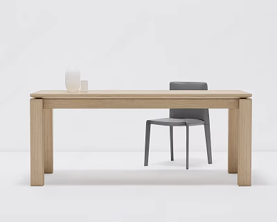 Gray Bar Stool Next To Light Wooden Long Table With White Vase And Small Cup 3d model