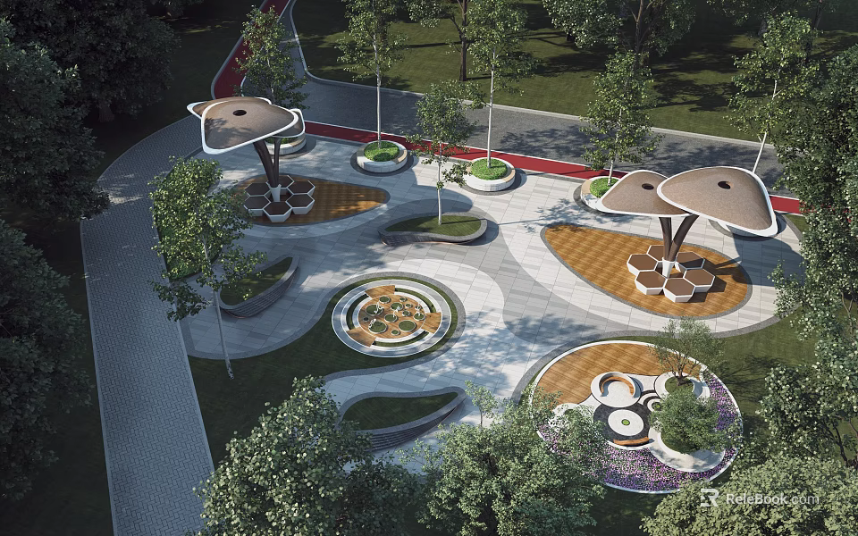 Beautiful Park Landscape With Circular Plazas Shaded Pavilions Curved Pathways And Green Plants 3d model 