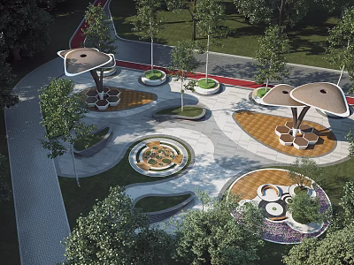 Beautiful Park Landscape With Circular Plazas Shaded Pavilions Curved Pathways And Green Plants 3d model