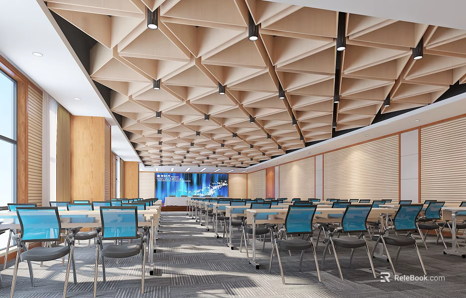 Modern Conference Room Interior Design With Geometric Ceiling Blue Chairs And Large Screen 3d model
