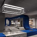 Modern Industrial Coffee Shop Interior With Motorcycle Decor And Blue Accents