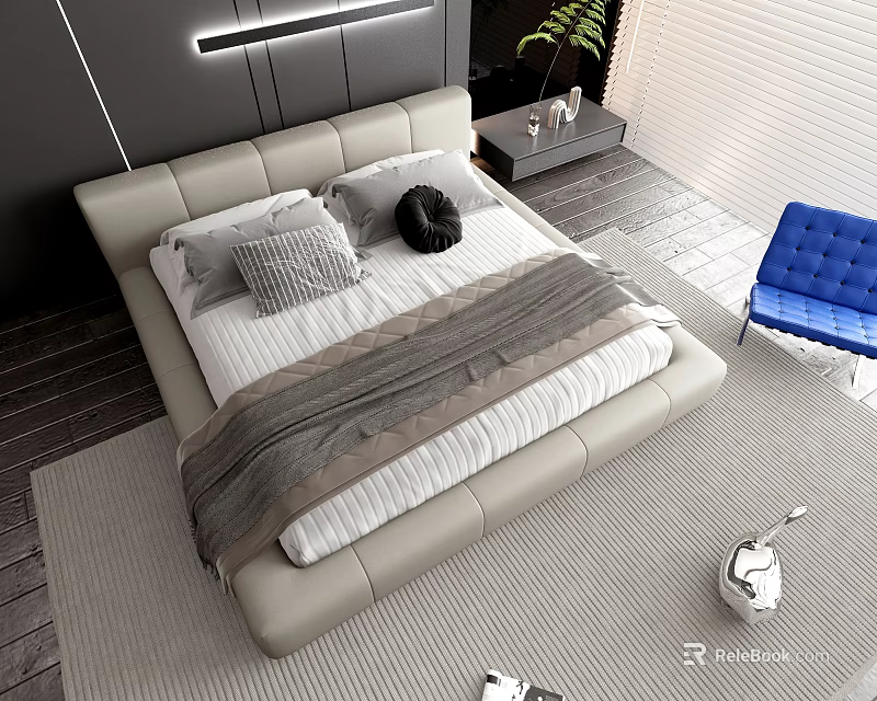 Modern Double Bed With Light Frame Pillows Blanket Nightstand Plant And Blue Chair In Bedroom 3d model 