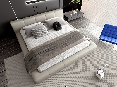 Modern Double Bed With Light Frame Pillows Blanket Nightstand Plant And Blue Chair In Bedroom 3d model