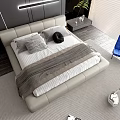 Modern Double Bed With Light Frame Pillows Blanket Nightstand Plant And Blue Chair In Bedroom