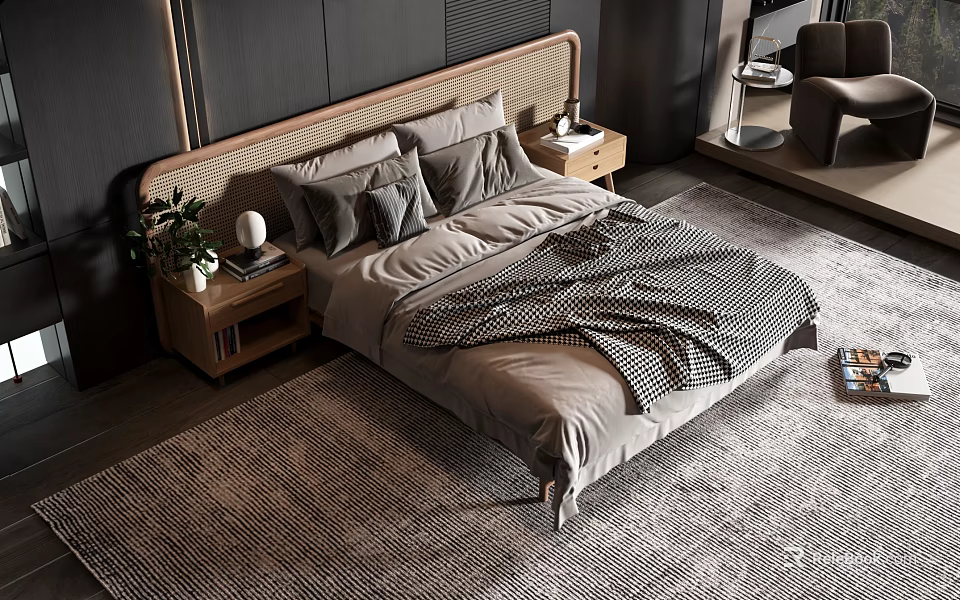 Modern Double Bed With Wooden Headboard Soft Neutral Bedding Nightstands Lamp Plant And Textured Rug 3d model 