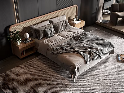 Modern Double Bed With Wooden Headboard Soft Neutral Bedding Nightstands Lamp Plant And Textured Rug 3d model