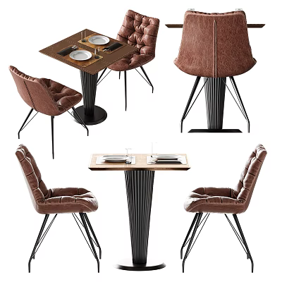 Modern Dining Table Set With Brown Leather Chairs Wooden Tabletop And Metal Legs 3d model