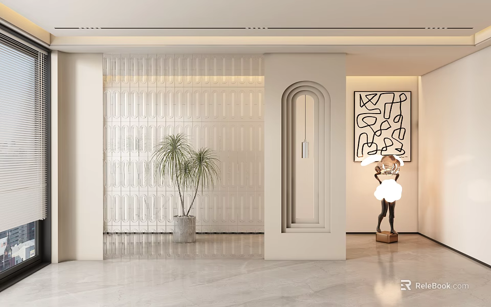 Modern Elegant Foyer With Glass Brick Arched Doorway And Art Decor 3d model 