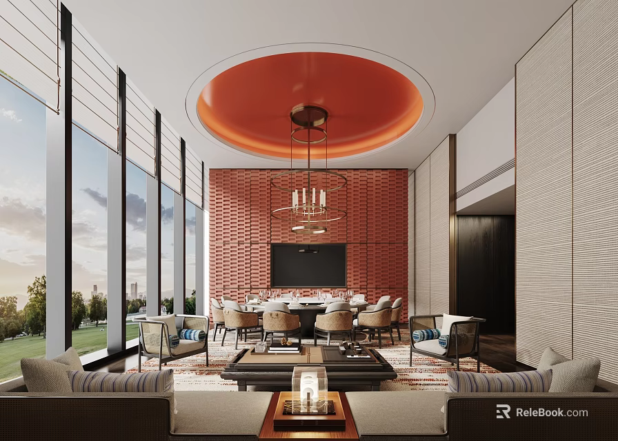 Modern Private Room With Orange Ceiling And Large Windows 3d model