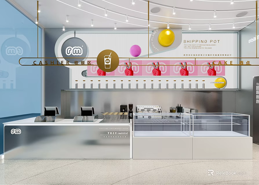 Modern Bright Dessert Shop in Shopping Area With Cashier Counters Display Cases and Colorful Decorations 3d model 