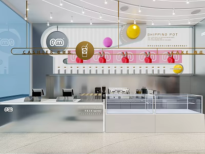 Modern Bright Dessert Shop in Shopping Area With Cashier Counters Display Cases and Colorful Decorations 3d model
