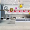 Modern Bright Dessert Shop in Shopping Area With Cashier Counters Display Cases and Colorful Decorations