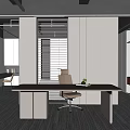 Modern Home Office Interior With Long Wooden Desk Ergonomic Chair And Window Blinds