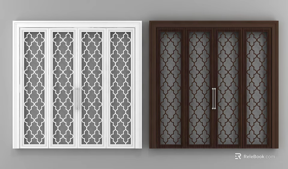 White and Dark Brown Sliding Doors with Geometric Pattern Panel Design 3d model
