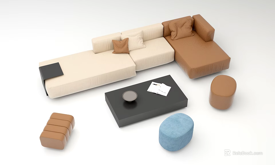 Stylish L Shaped Sofa Coffee Table Set With Beige Brown Cushions Black Table And Stools 3d model