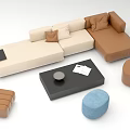 Stylish L Shaped Sofa Coffee Table Set With Beige Brown Cushions Black Table And Stools 3d model