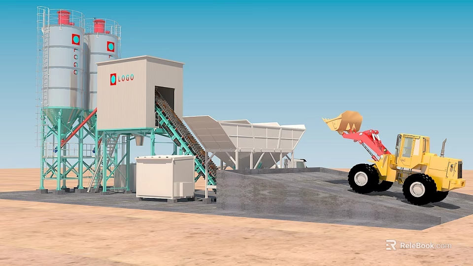 Industrial Concrete Mixing Plant With Loader Silos Conveyor System On Construction Site 3d model 