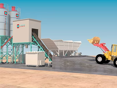Industrial Concrete Mixing Plant With Loader Silos Conveyor System On Construction Site 3d model