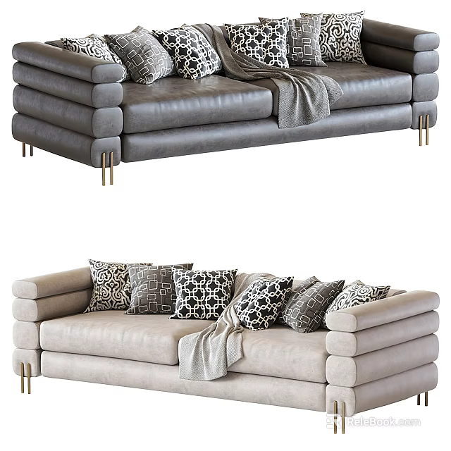 Modern Multi Seat Sofa With Decorative Pillows Throw Blanket And Golden Legs 3d model