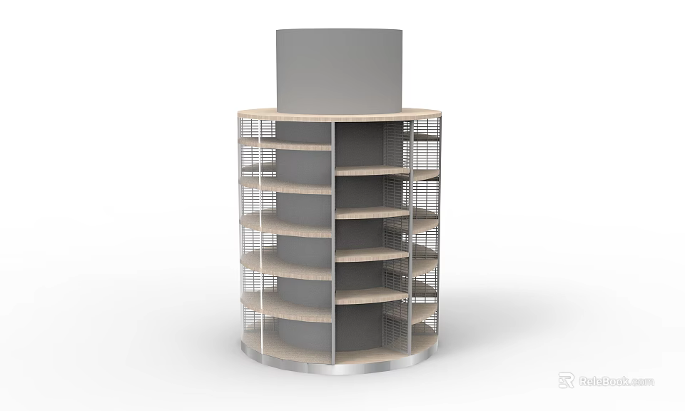 Round Display Shelf With Multiple Wooden And Metal Shelves For Retail 3d model 