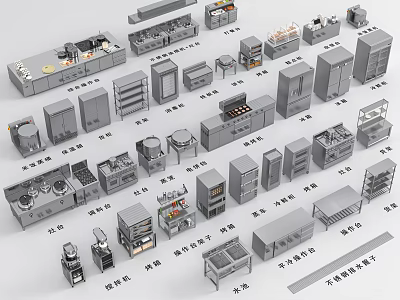 Commercial Kitchen Equipment And Components Including Workstations Storage Cabinets And Stainless Steel Racks 3d model