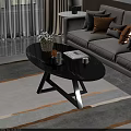 Gray Sofa and Coffee Table Set Featuring Orange Pillows Decor Items on Black Oval Table 3d model