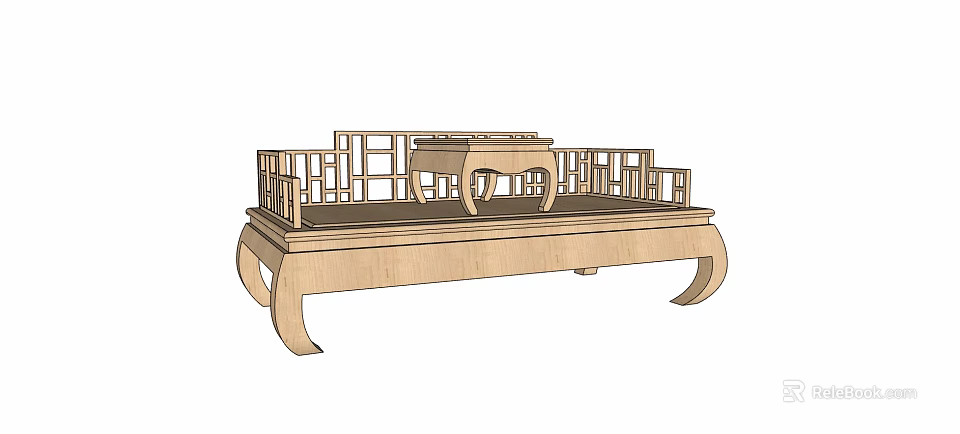 Traditional Chinese Wooden Daybed with Classic Railings and Intricate Carvings 3d model 