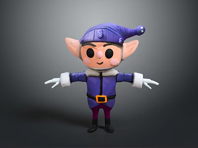 Cartoon Elf Character With Purple Outfit Hat Large Ears And White Gloves 3d model