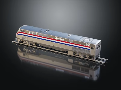 Amtrak Train Model on Track Silver Body Red Blue Stripes Logo and Number 180 3d model