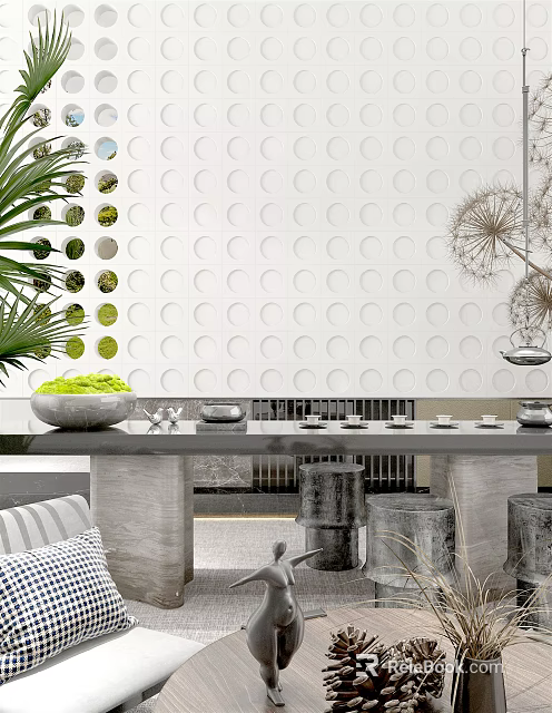 Modern Tea Table And Chairs With Green Plants And Ceramic Tea Ware 3d model