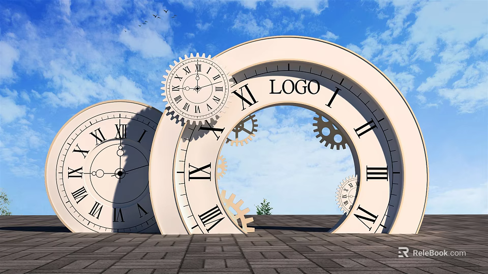 Giant Clocks With Roman Numerals Gears And LOGO Circle Against Blue Sky White Clouds 3d model 