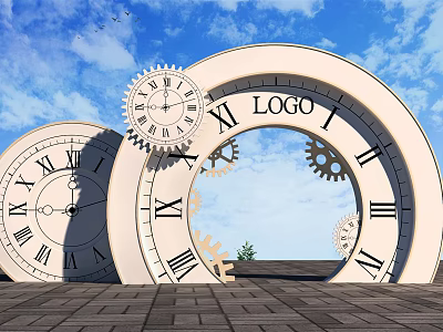 Giant Clocks With Roman Numerals Gears And LOGO Circle Against Blue Sky White Clouds 3d model