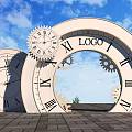 Giant Clocks With Roman Numerals Gears And LOGO Circle Against Blue Sky White Clouds