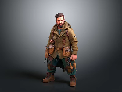 3D Male Character Model With Brown Coat Green Inner Garment And Utility Pockets 3d model