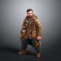 3D Male Character Model With Brown Coat Green Inner Garment And Utility Pockets