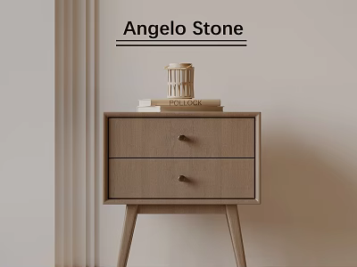 Light Wood Bedside Table With Two Drawers Metal Handles And Books On Neutral Wall 3d model