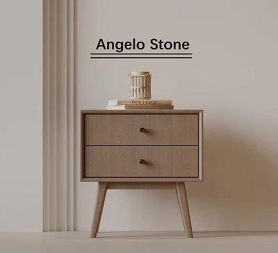 Light Wood Bedside Table With Two Drawers Metal Handles And Books On Neutral Wall 3d model