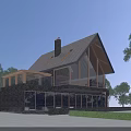 Modern Detached Villa With Gabled Roof Chimney Large Glass Windows Stone Exterior Surrounded By Trees