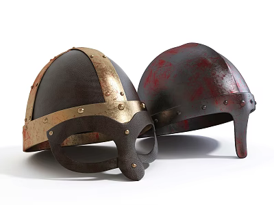 Two Medieval Riveted Helmets With Gold Accents And Bloodstained Red Finish 3d model