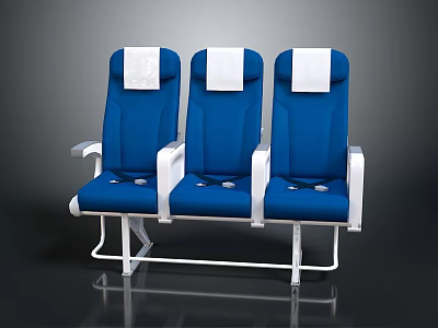 Three Blue Public Chairs With White Headrests And Metal Frames 3d model