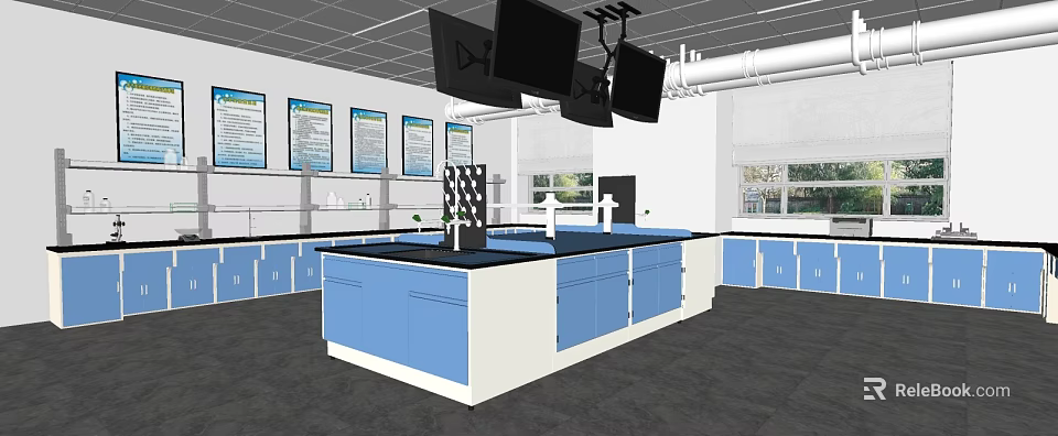 Modern Laboratory Interior With Blue Cabinets Lab Bench Monitors Charts And Windows 3d model