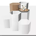 Hexagonal Display Shelves in White Wooden Design with Black Top Vase and Pink Flowers