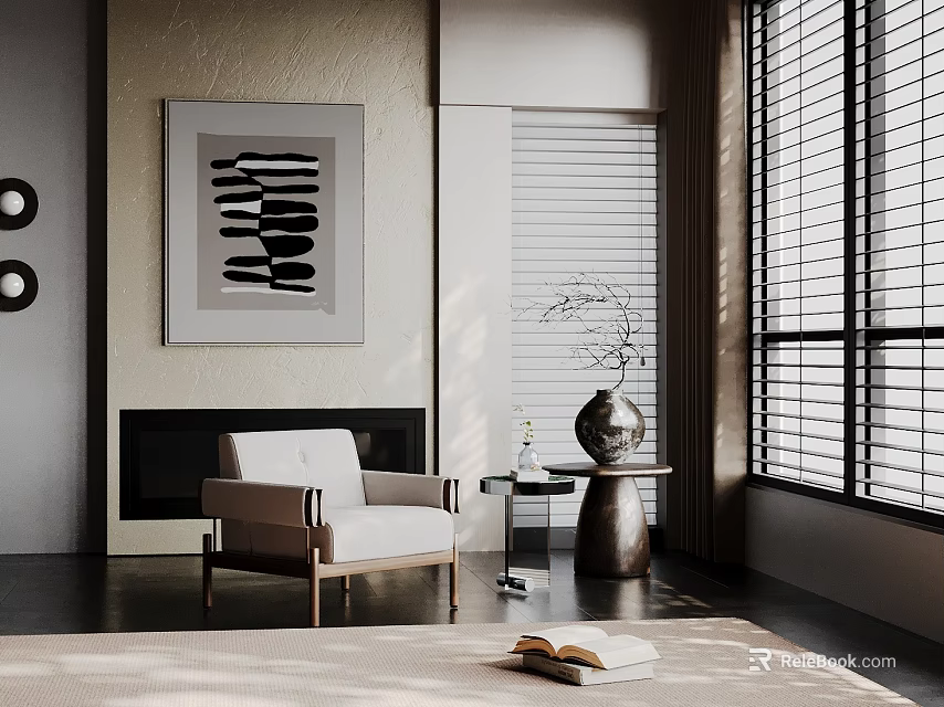 Comfortable Leisure Chair With Wooden Frame In Modern Living Room With Side Table And Vase 3d model 