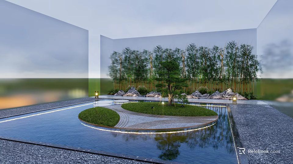 Serene Garden Landscape With Circular Grass Pathway Pond Bamboo And Rock Formations 3d model 