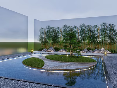 Serene Garden Landscape With Circular Grass Pathway Pond Bamboo And Rock Formations 3d model