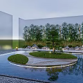 Serene Garden Landscape With Circular Grass Pathway Pond Bamboo And Rock Formations
