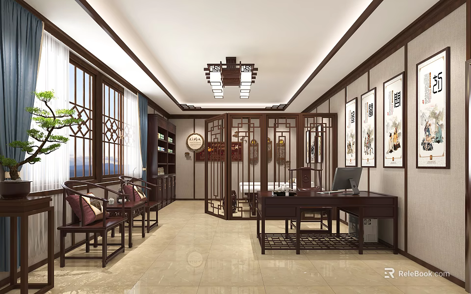 Traditional Chinese Study Room Interior With Wooden Furniture And Calligraphy Paintings 3d model 