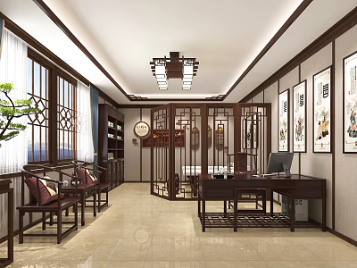 Traditional Chinese Study Room Interior With Wooden Furniture And Calligraphy Paintings 3d model
